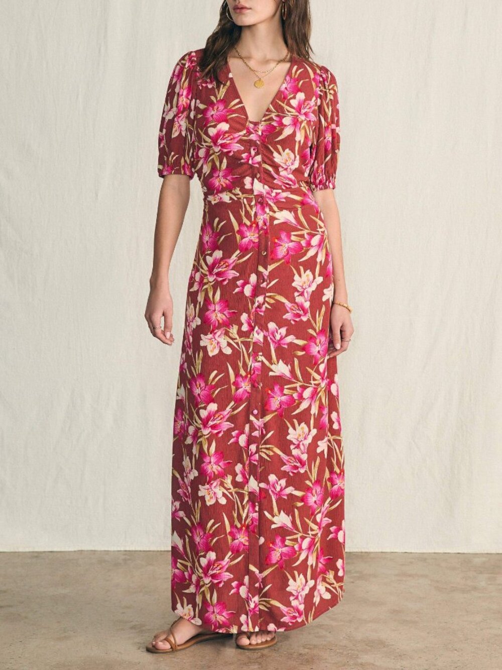 New Faherty Sorrento Floral Puff Sleeve Maxi Dress Majorca M $228